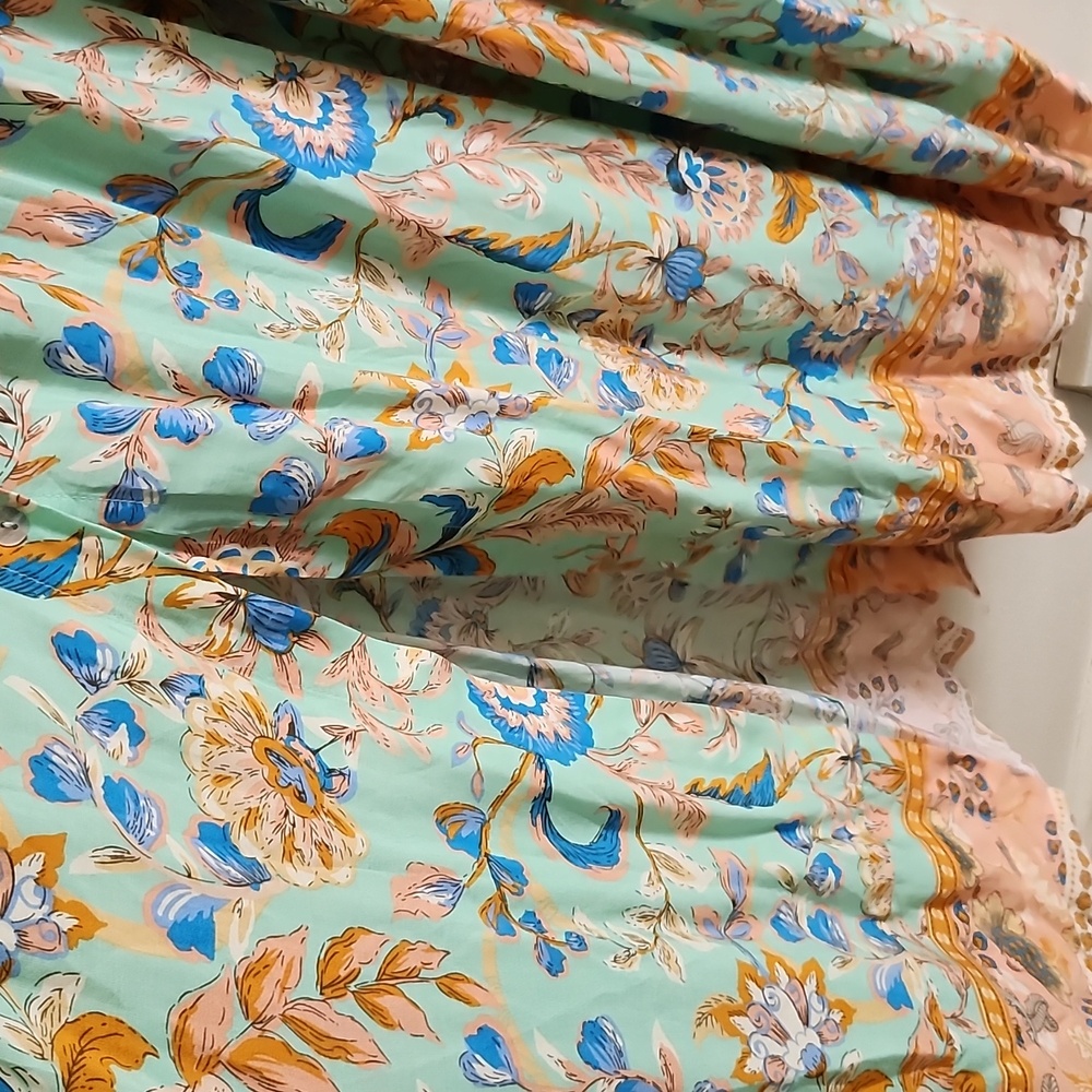 Floral Multicolor Maxi Dress Modesty Tie Balloon Sleeve 3/4  Front Slit Boho - Picture 4 of 9